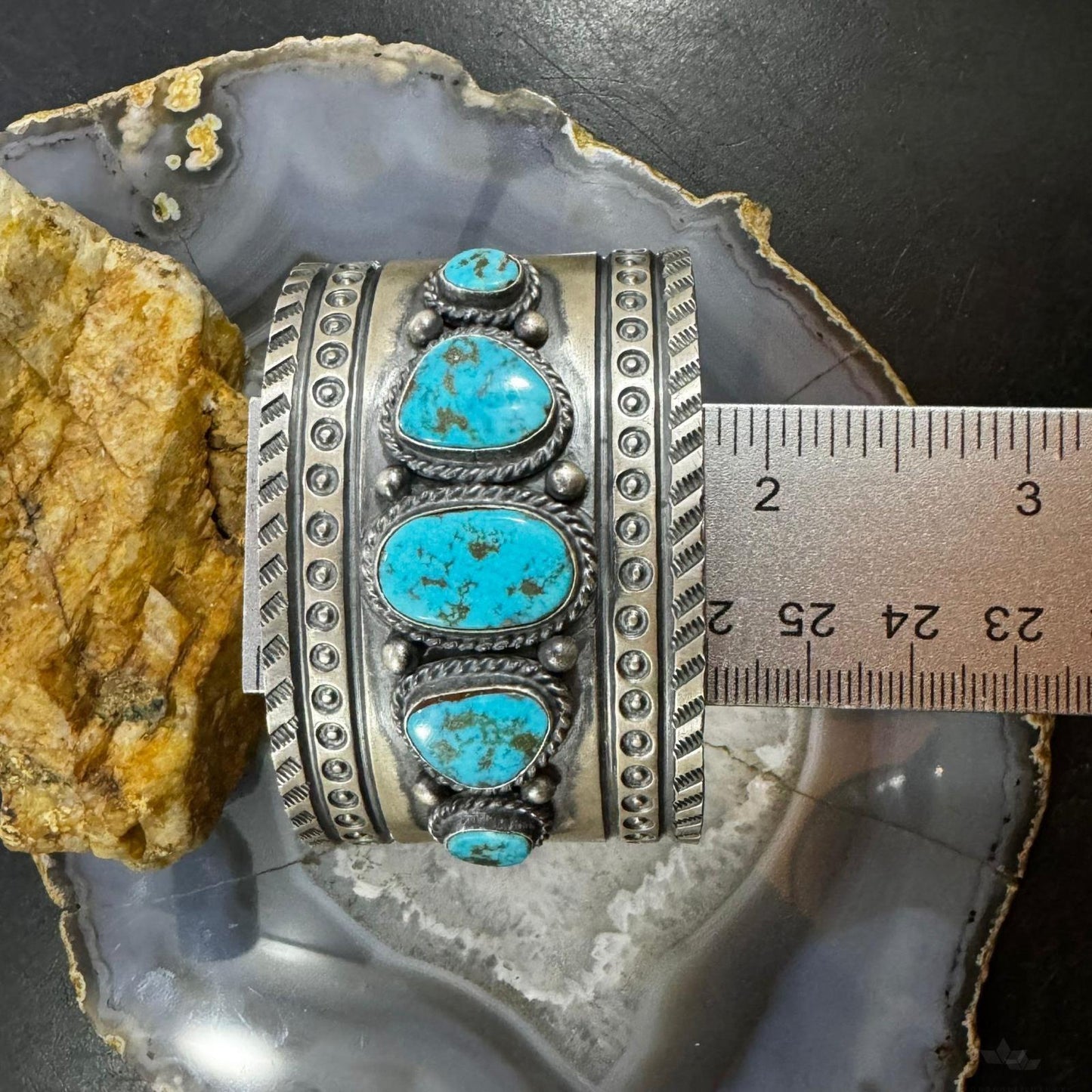 Sterling Silver Native American Turquoise Wide and Heavy Stamped Unisex Bracelet