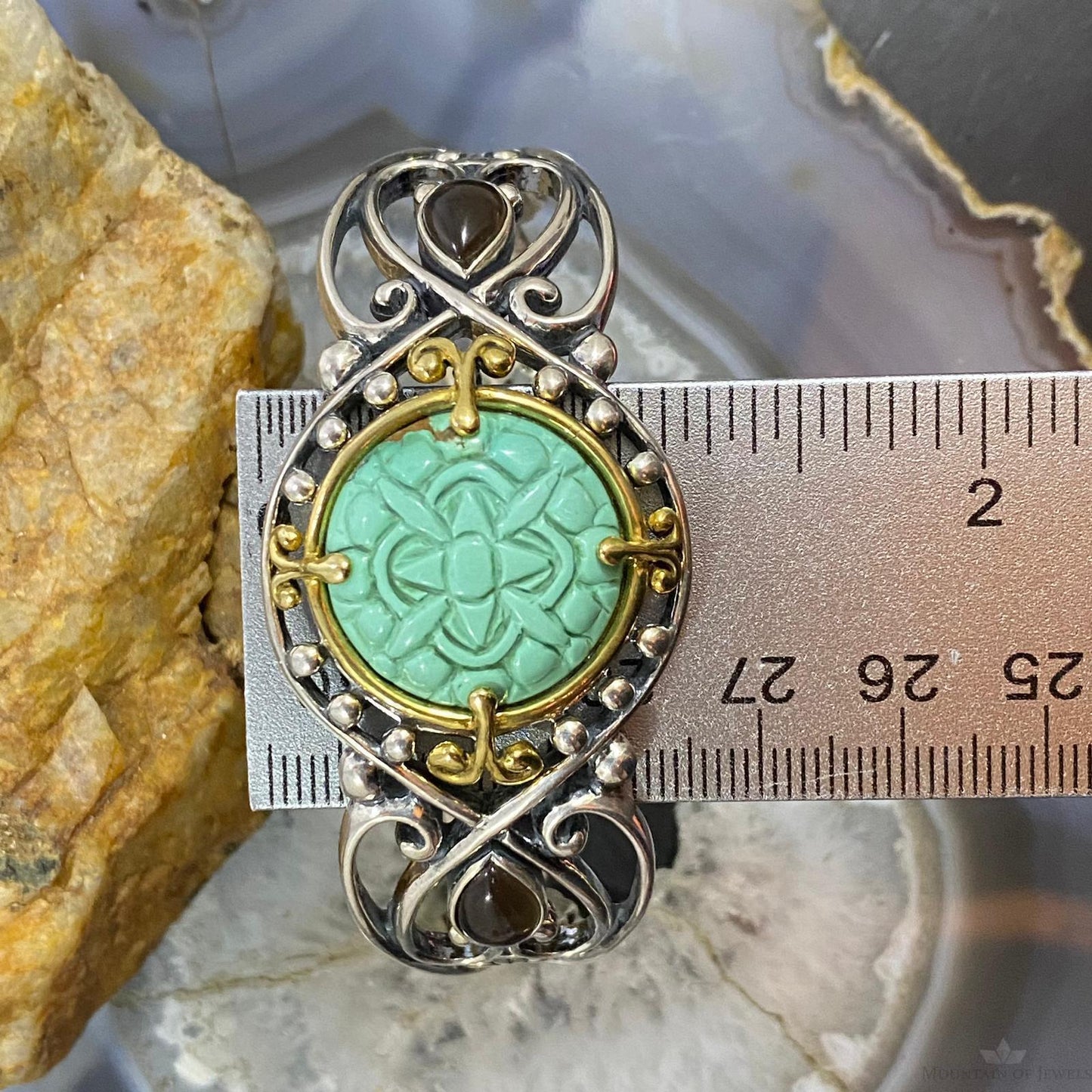 Carolyn Pollack Sterling Silver & Brass Green Turquoise/Smoky Quartz Decorated Bracelet For Women