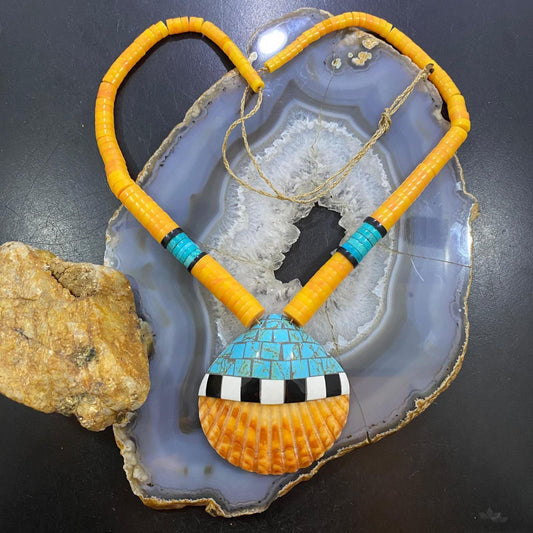 Vintage Santo Domingo Kewa Pueblo Heishi & Multi Gemstone Inlay Necklace For Women