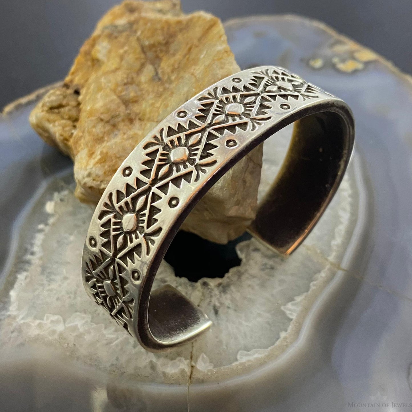 Vintage Signed Native American Sterling Silver Stamped Heavy Gauge Bracelet For Women