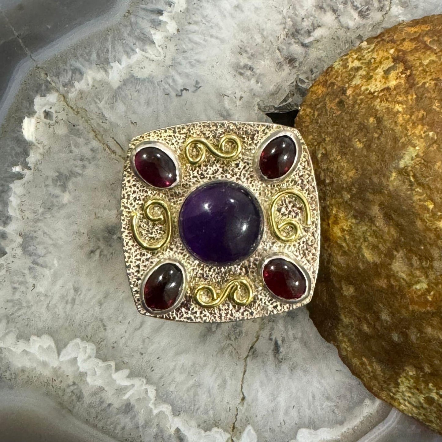 Carolyn Pollack Sterling Silver & Brass Amethyst & 4 Garnet Decorated Ring For Women