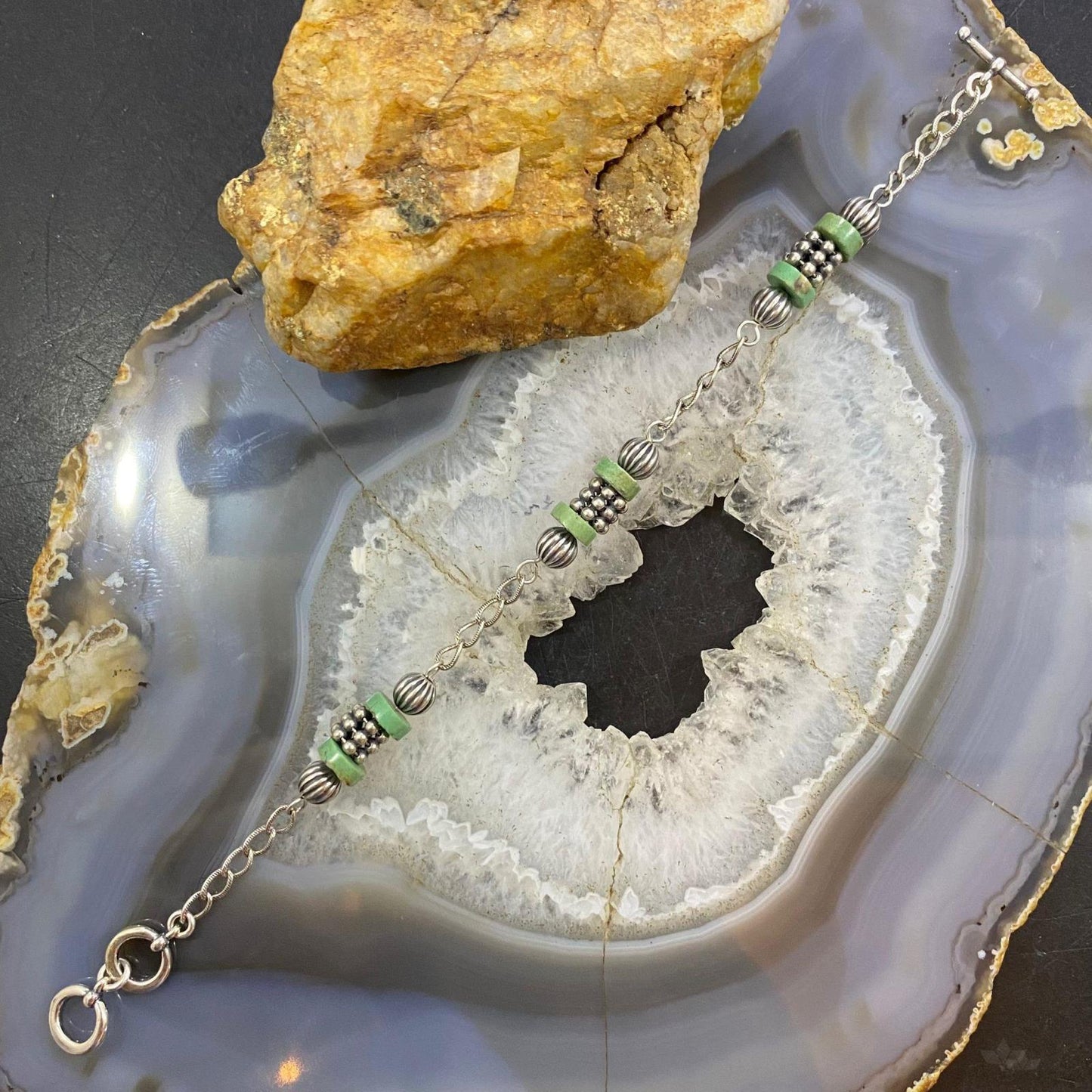 Carolyn Pollack Sterling Silver Green Turquoise Disc Bead Decorated Link Bracelet For Women
