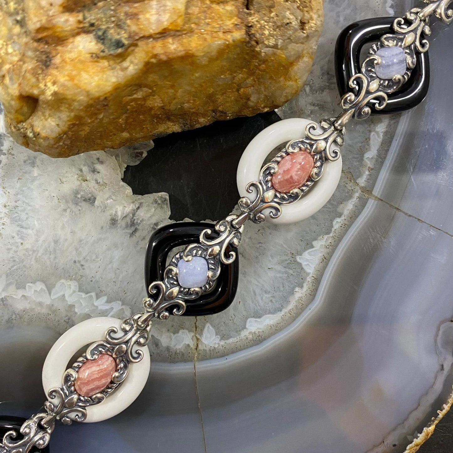 Carolyn Pollack Sterling Silver 3 Agates & 1 Rhodochrosite Link Bracelet For Women