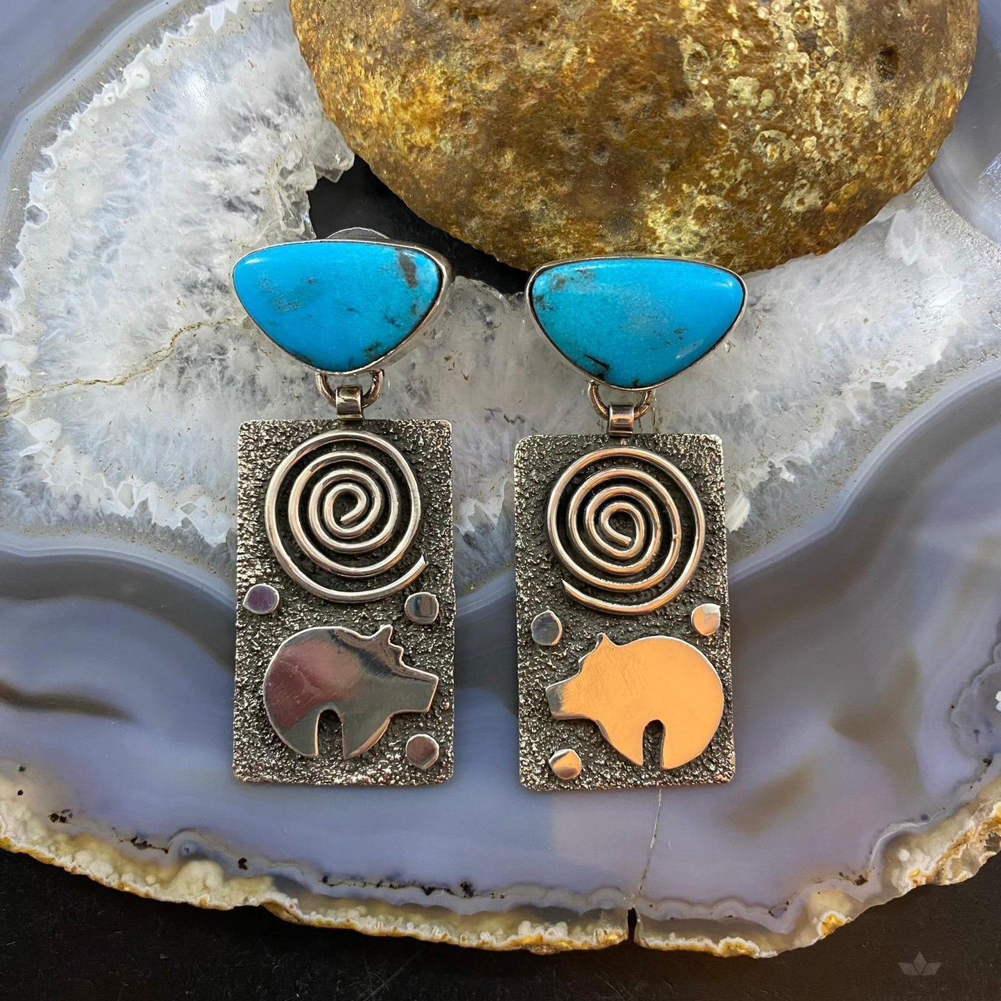 Alex Sanchez Native American Sterling Silver Turquoise Petroglyph Dangle Earrings For Women #1