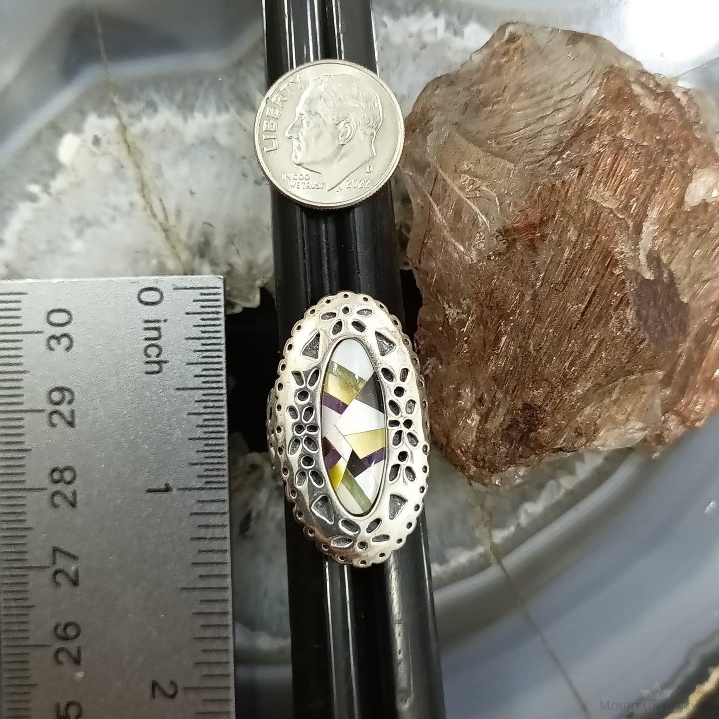 Carolyn Pollack Sterling Silver Elongated Oval Multi Stone Inlay Ring Size 6 For Women