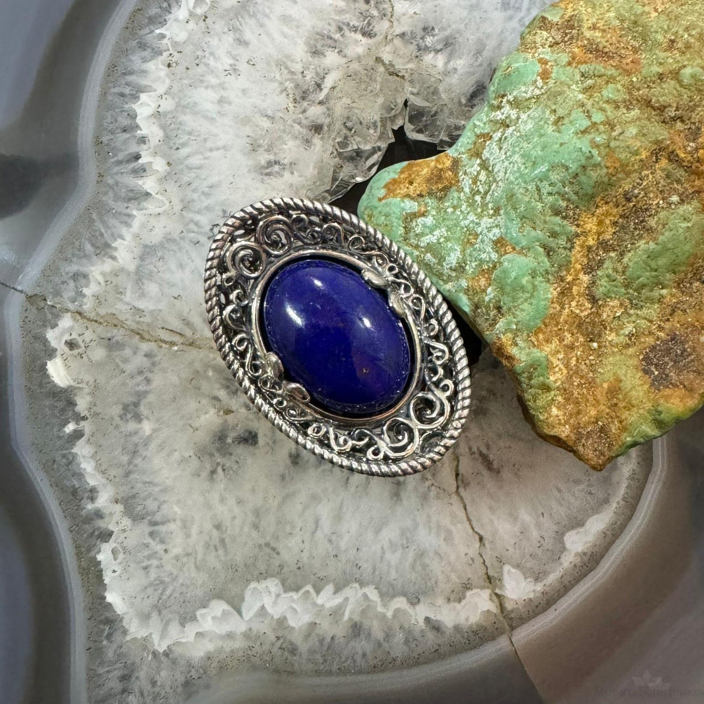 Carolyn Pollack Sterling Silver Oval Lapis Sombrero Style Decorated Size 8 Ring For Women