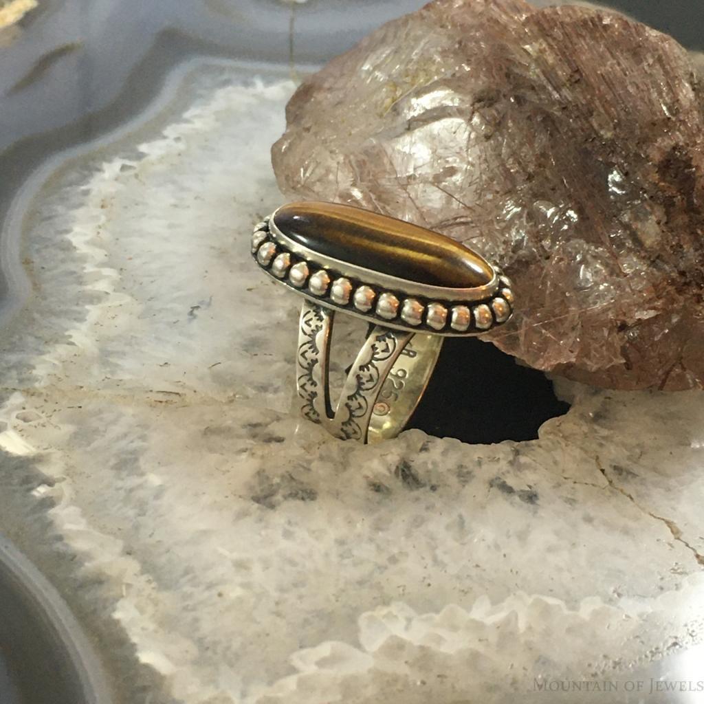 Carolyn Pollack Sterling Silver Elongated Oval Tiger Eye Decorated Ring For Women