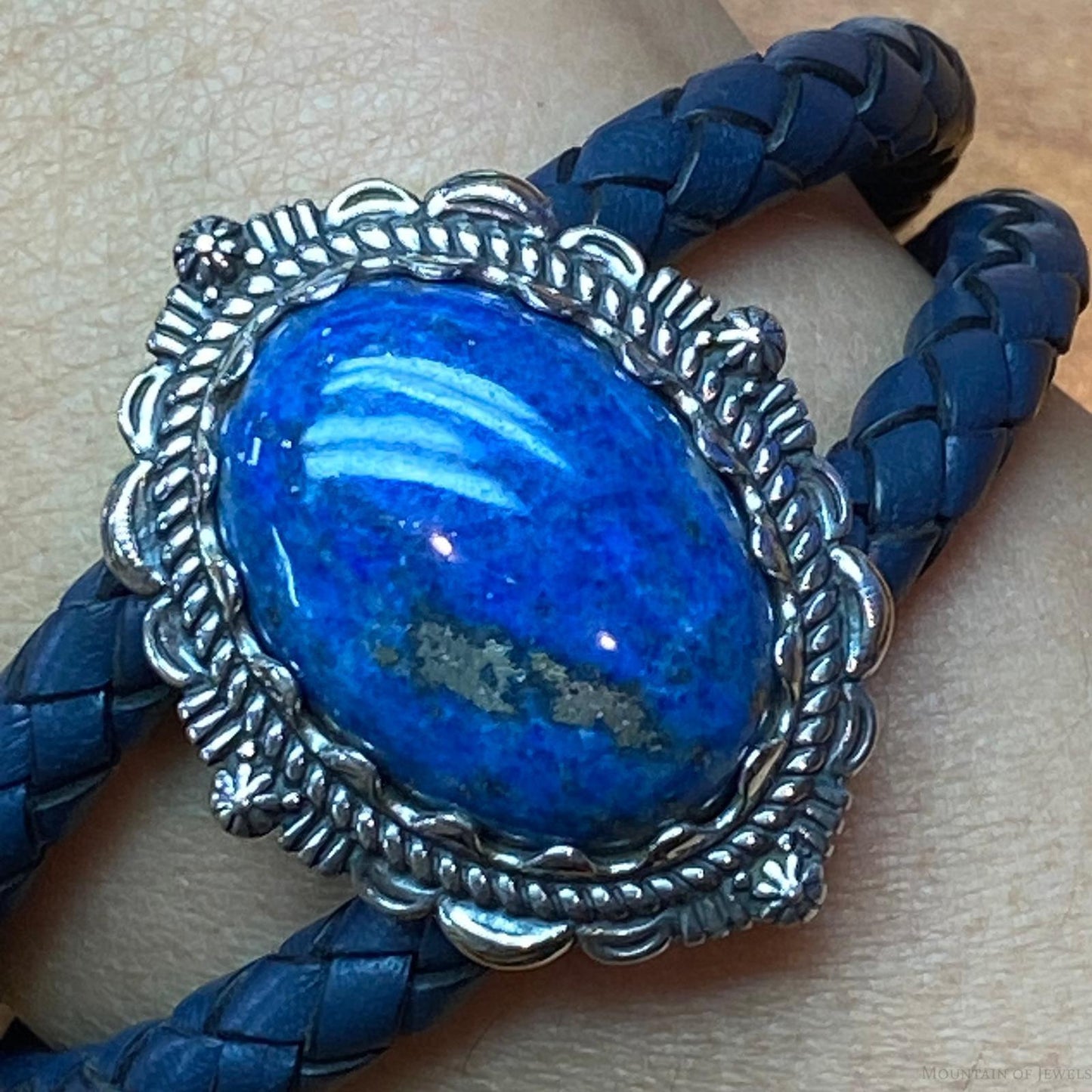 Carolyn Pollack Sterling Silver Denim Lapis Navy Braided Leather Bracelet For Women