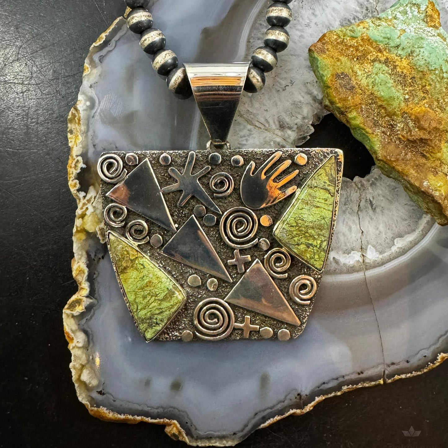 Alex Sanchez Native American Sterling Silver Green Sediment Jasper Rectangle Petroglyph Unisex Pendant
