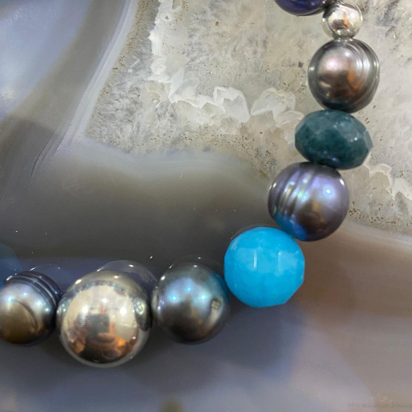 Carolyn Pollack Vintage Sterling Silver Multi Gemstone Ocean Tones Stretch Bracelet