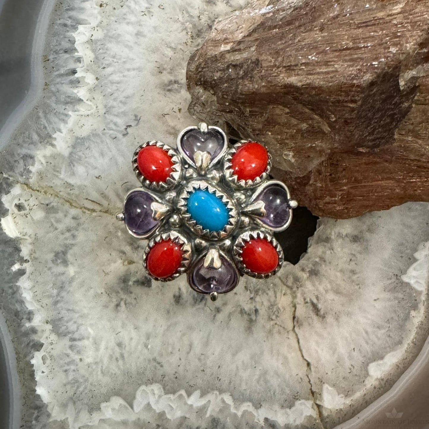 Carolyn Pollack Sterling Silver Multi Gemstone Flower Ring Size 8.75 For Women