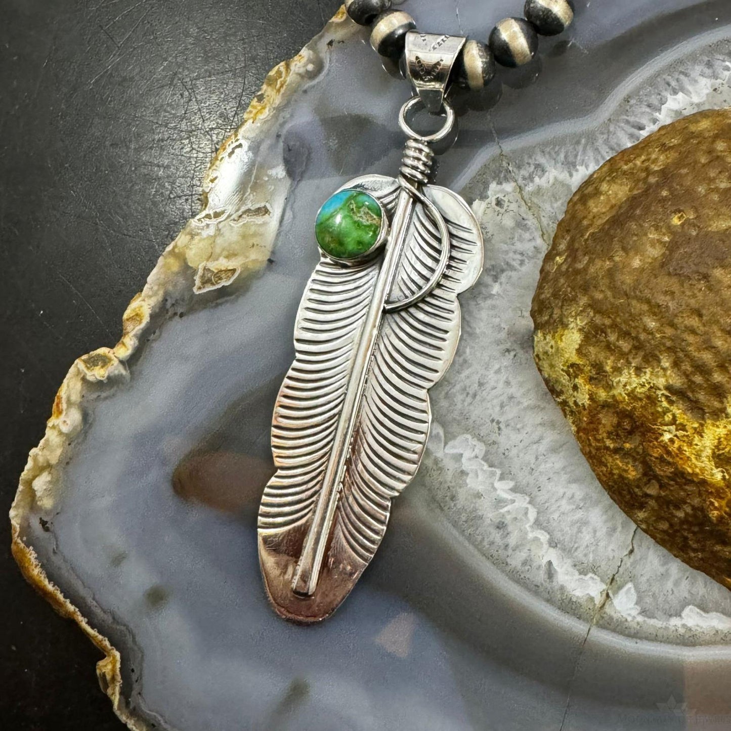 Native American Sterling Silver Round Sonoran Gold Turquoise Feather Unisex Pendant