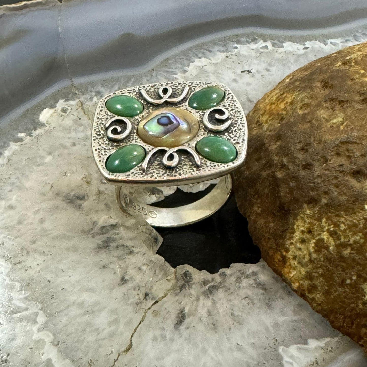 Carolyn Pollack Sterling Silver Green Turquoise & Abalone Decorated Ring Size 9 For Women