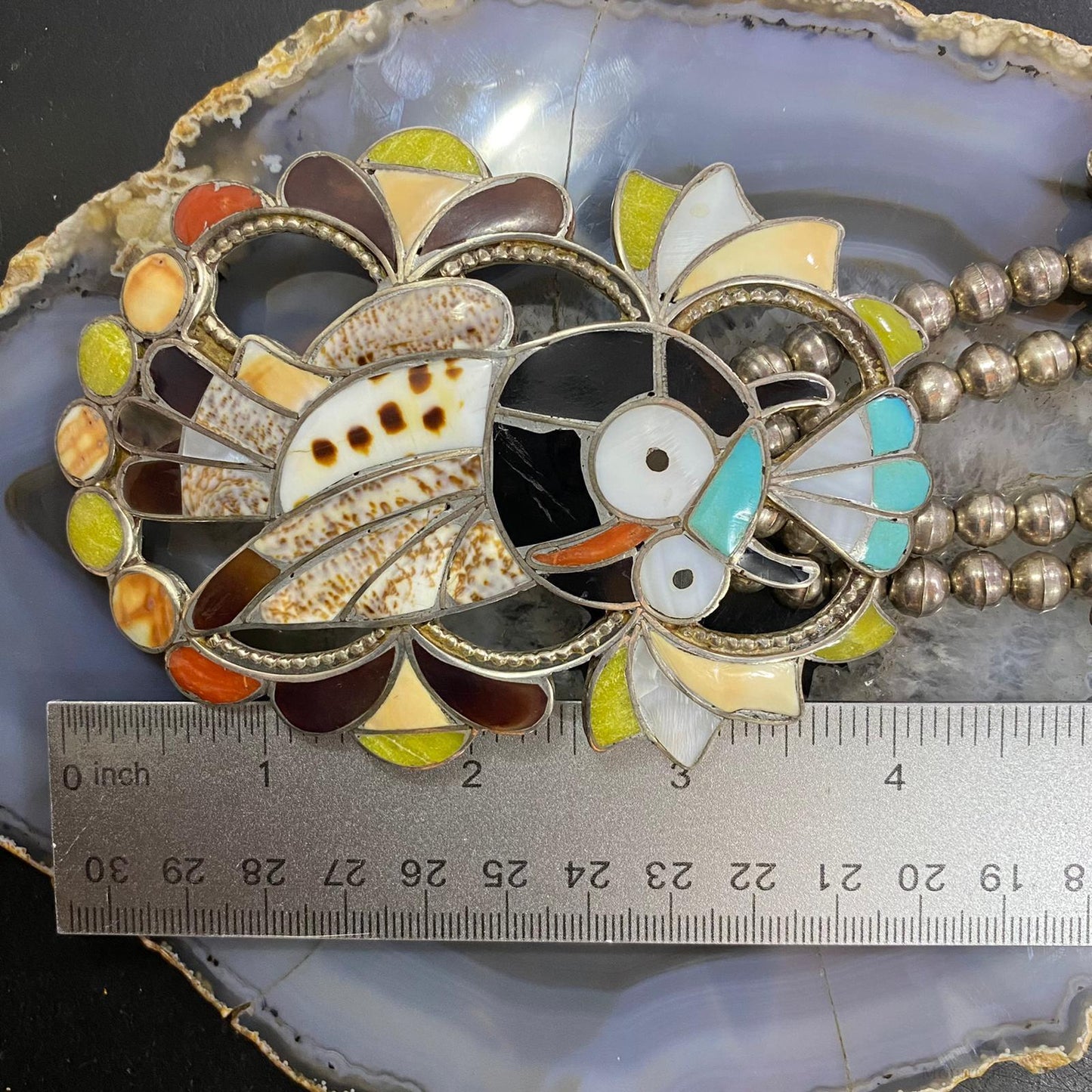 Vintage Native American Silver Bead Multistone Zuni Inlay 5 Owl Necklace