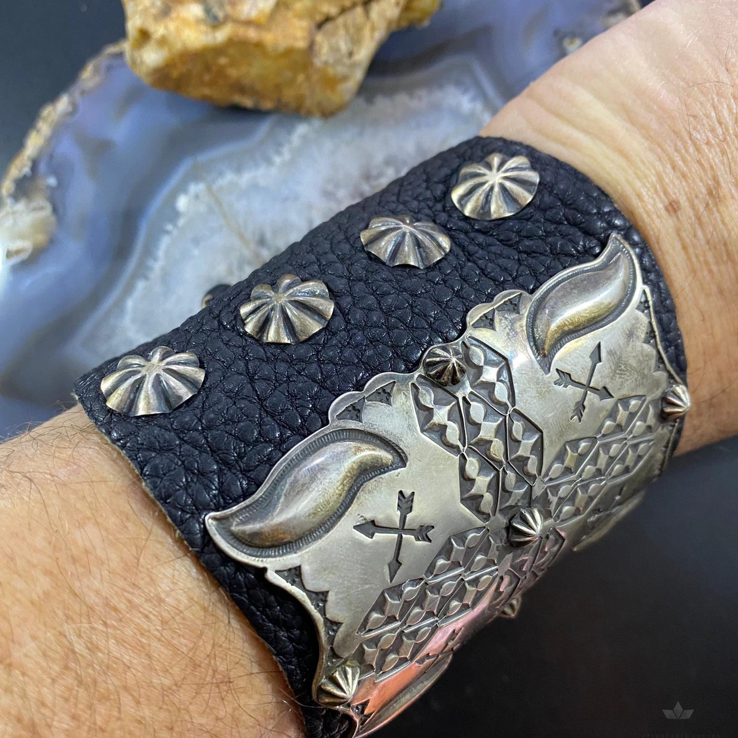 Vintage Native American Silver Stamped Ketoh Bow Guard Bracelet For Men
