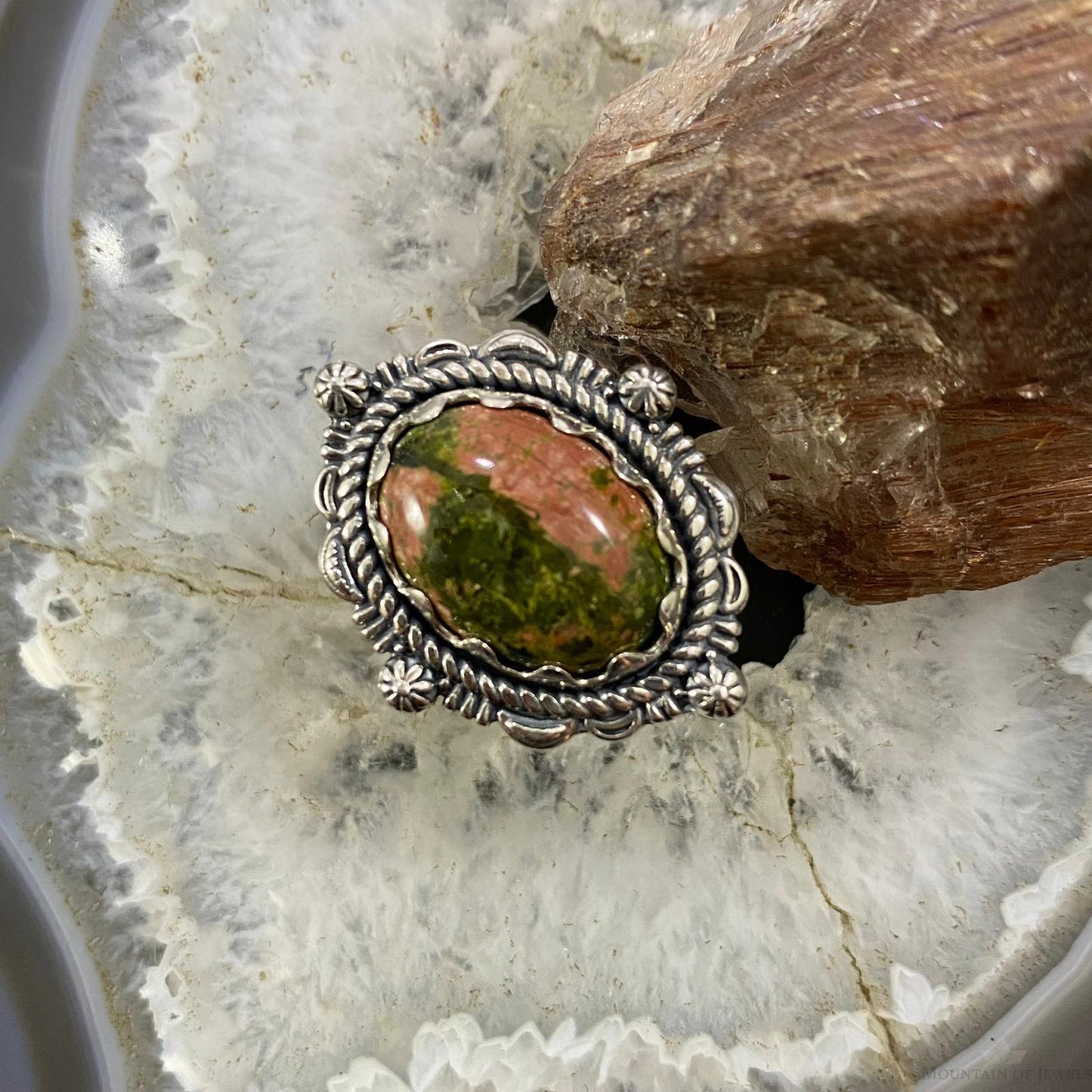 Carolyn Pollack Southwestern Style Sterling Silver Oval Unakite Decorated Ring Size 8.5 For Women
