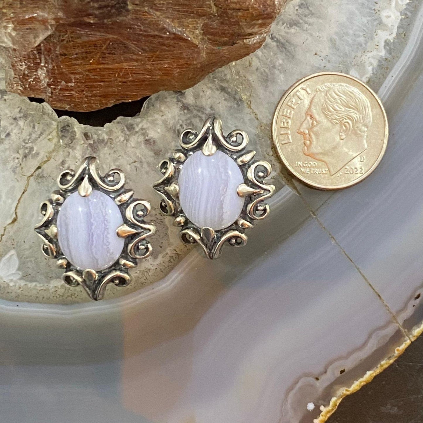 Carolyn Pollack Sterling Silver Oval Blue Lace Agate Decorated Clip-On Earrings For Women