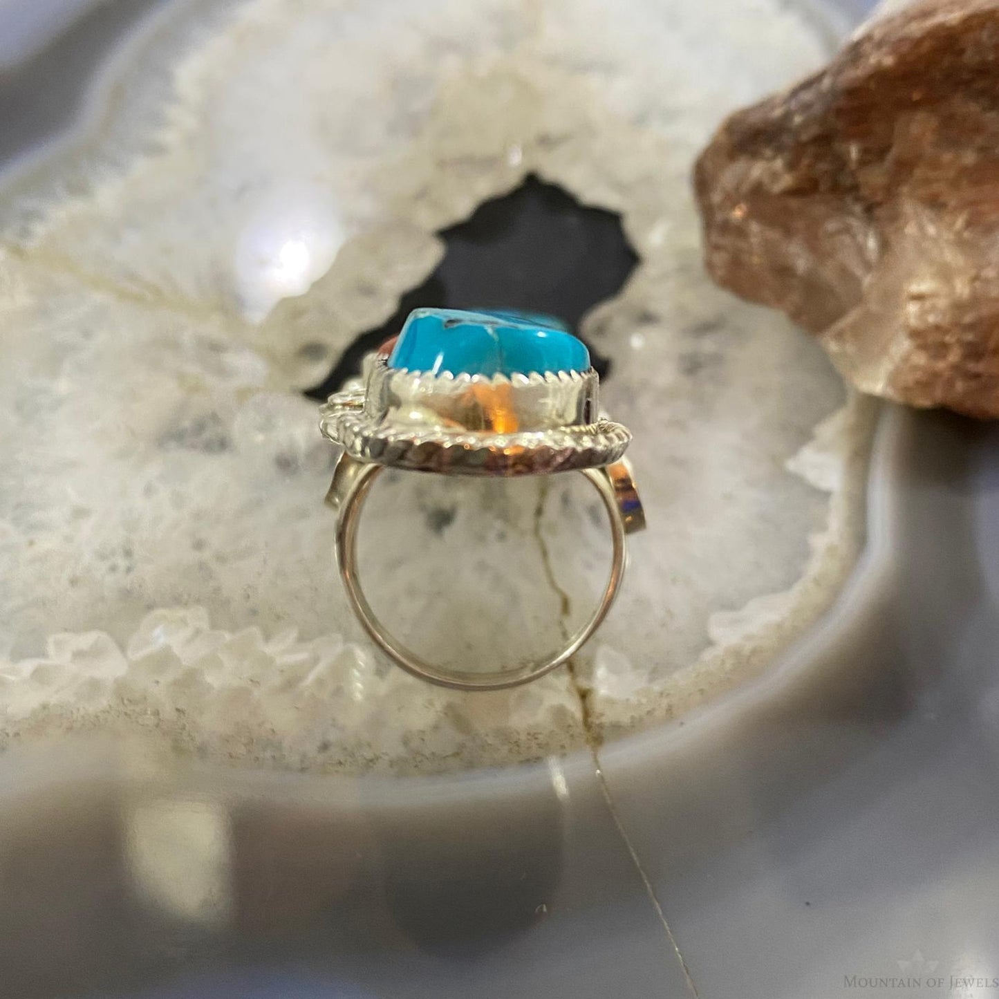 Silver Ray Native American Sterling Silver Elongated Turquoise & Coral Ring Size 6.5 For Women