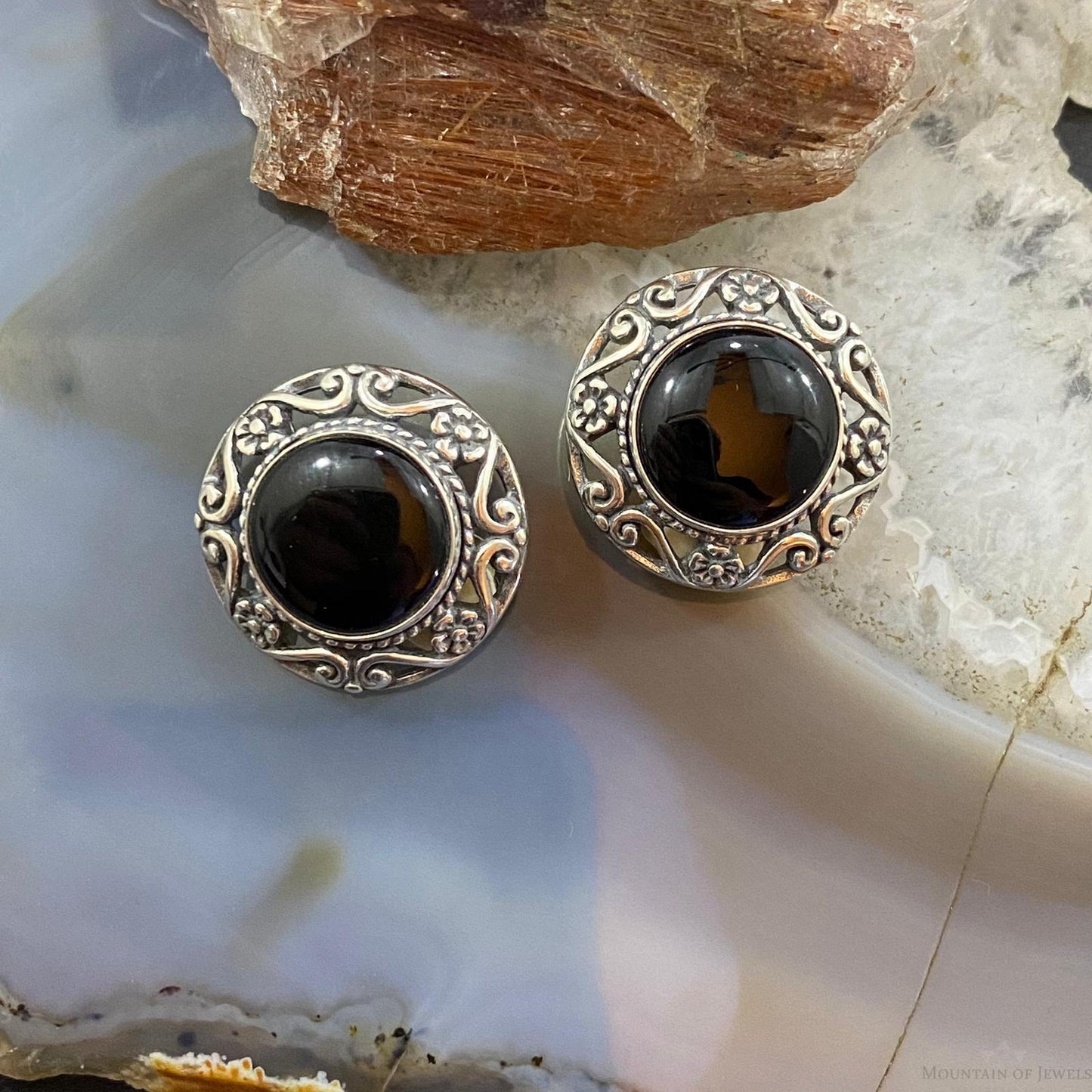 Carolyn Pollack Sterling Silver Round Onyx Decorated Clip-On Earrings For Women