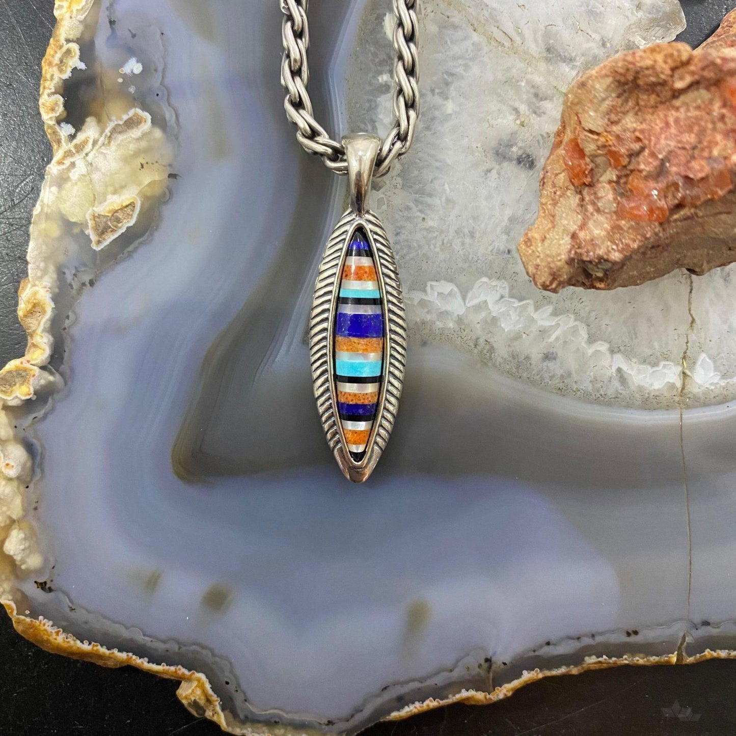 Carolyn Pollack Southwestern Style Sterling Silver Marquise Multistone Inlay Pendant For Women