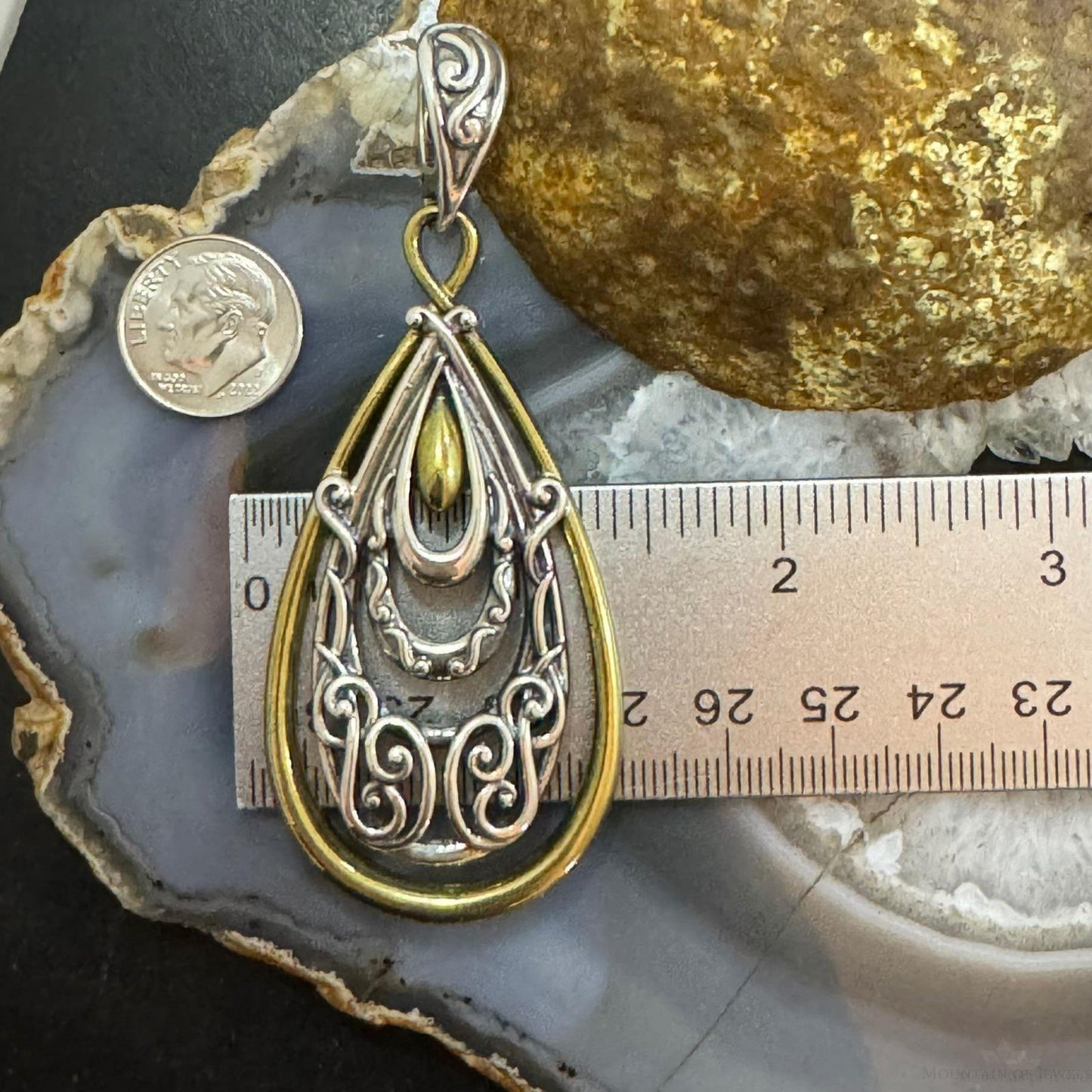 Carolyn Pollack Sterling Silver & Brass Decorated Teardrop Enhancer Pendant For Women
