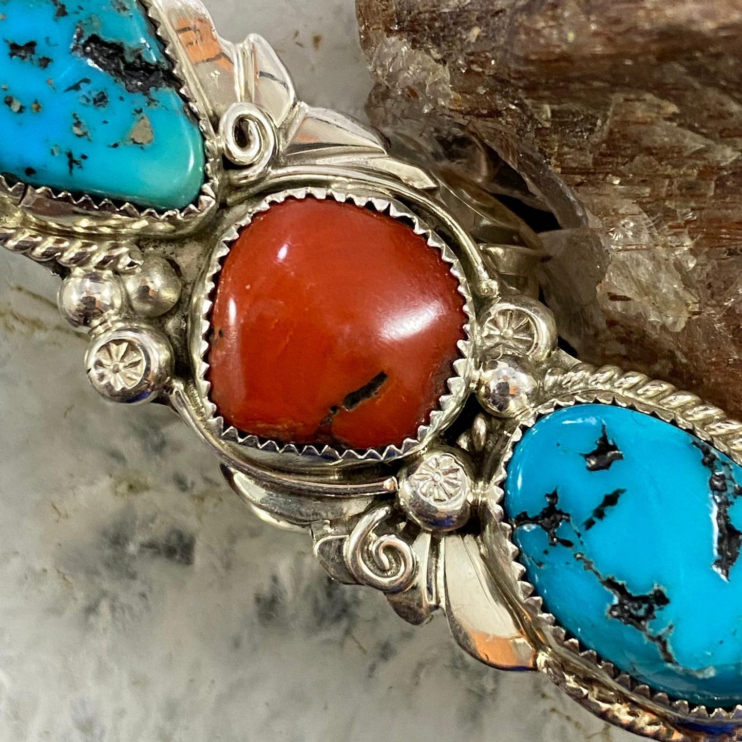 Silver Ray Native American Sterling Silver Elongated Turquoise & Coral Ring Size 6.5 For Women