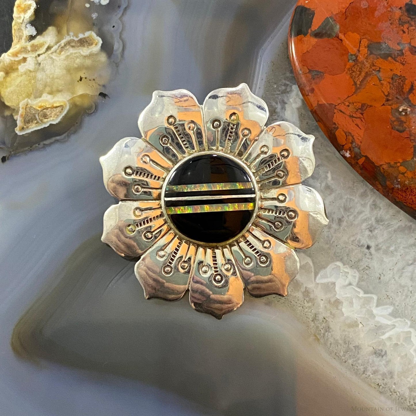Vintage Native American Sterling Silver Onyx & Opal Stamped Flower Brooch For Women
