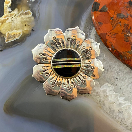 Vintage Native American Sterling Silver Onyx & Opal Stamped Flower Brooch For Women