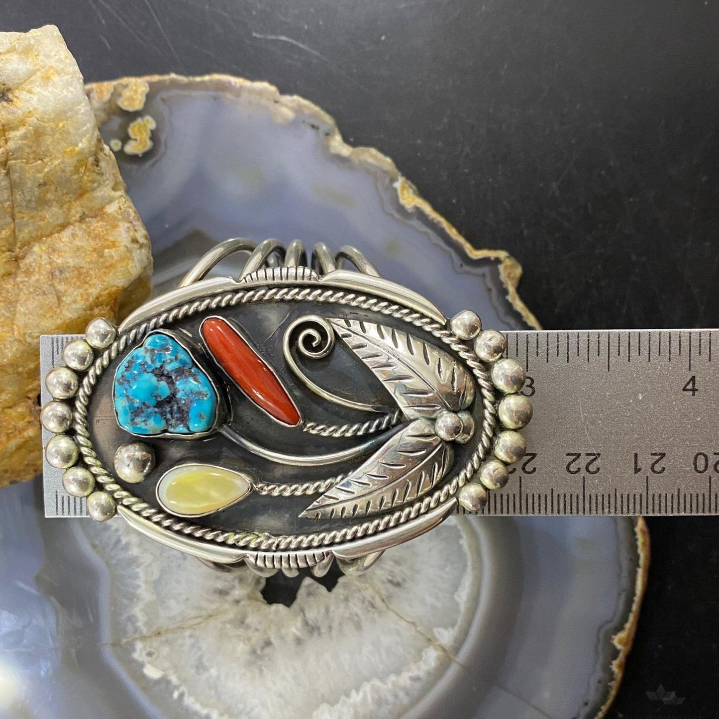 Vintage Native American Silver Kingman Turquoise, Coral, MOP Decorated Bracelet For Women