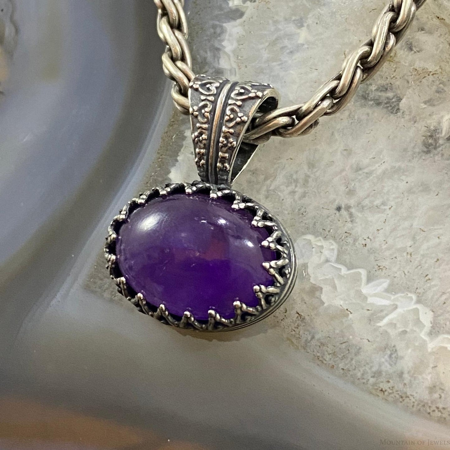 Carolyn Pollack Southwestern Style Sterling Silver Oval Amethyst Decorated Pendant For Women