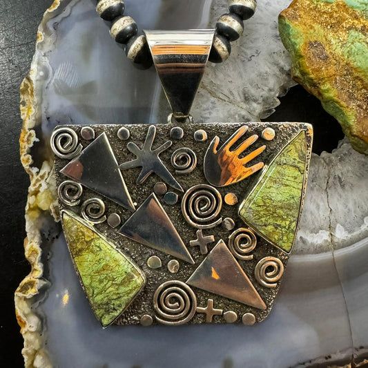 Alex Sanchez Native American Sterling Silver Green Sediment Jasper Rectangle Petroglyph Unisex Pendant