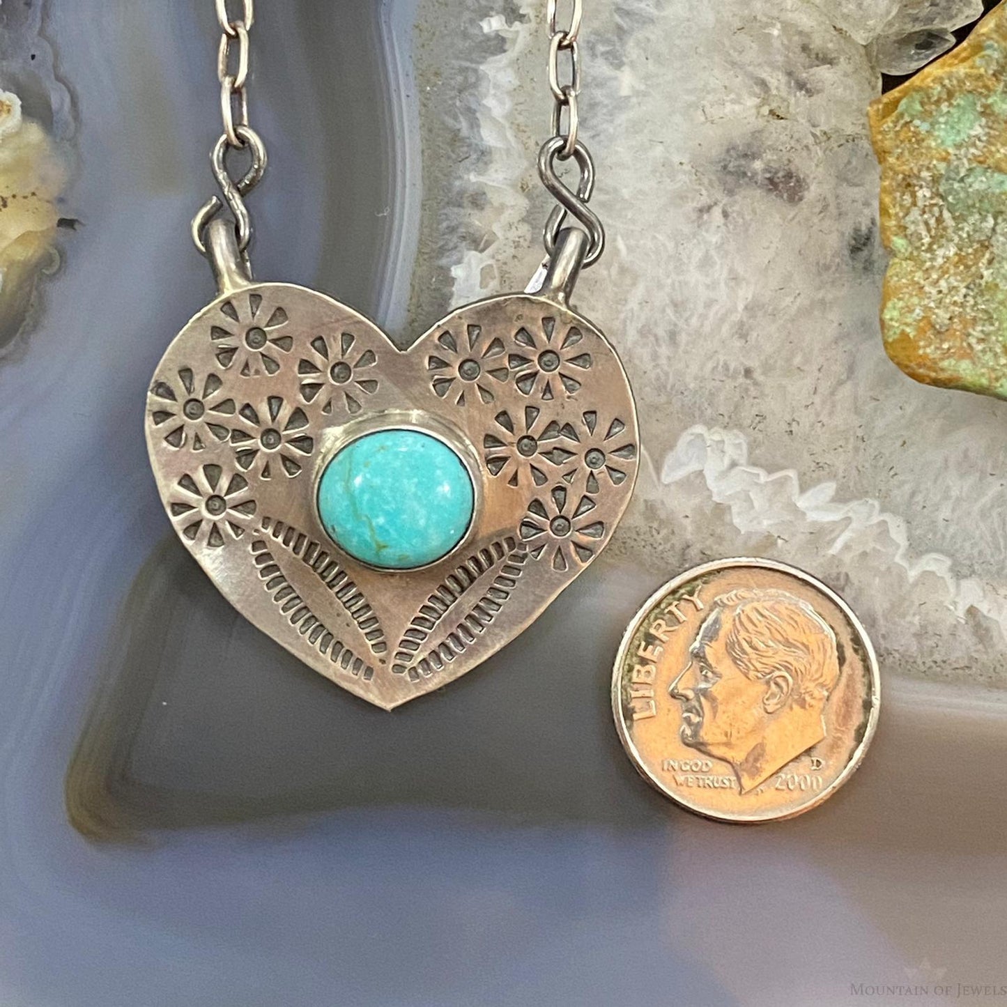 Marie Tsosie Native American Sterling Silver Oval Kingman Turquoise Stamped Heart Necklace For Women