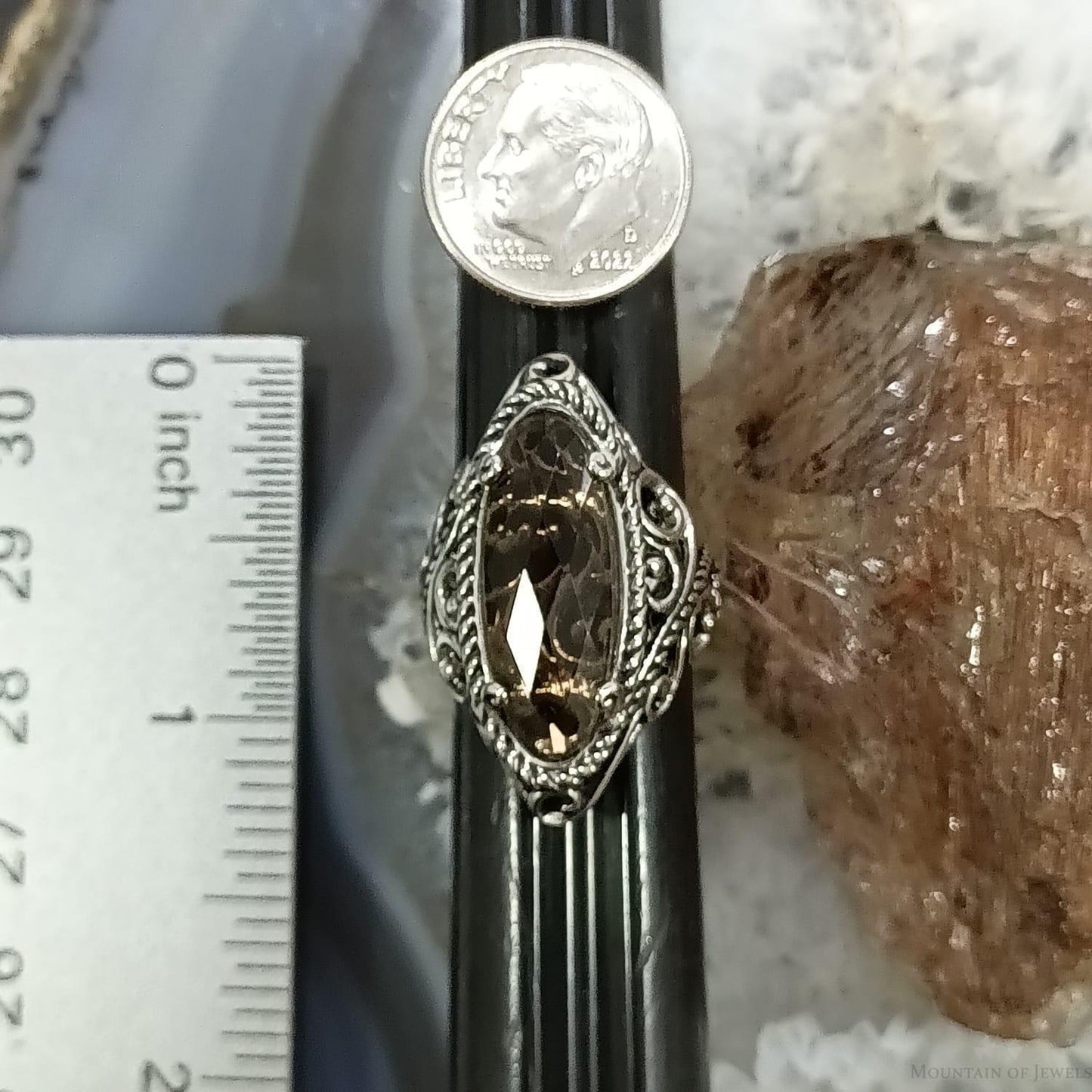 Carolyn Pollack Sterling Silver Elongated Oval Faceted Smoky Quartz Ring Size 5.25 For Women