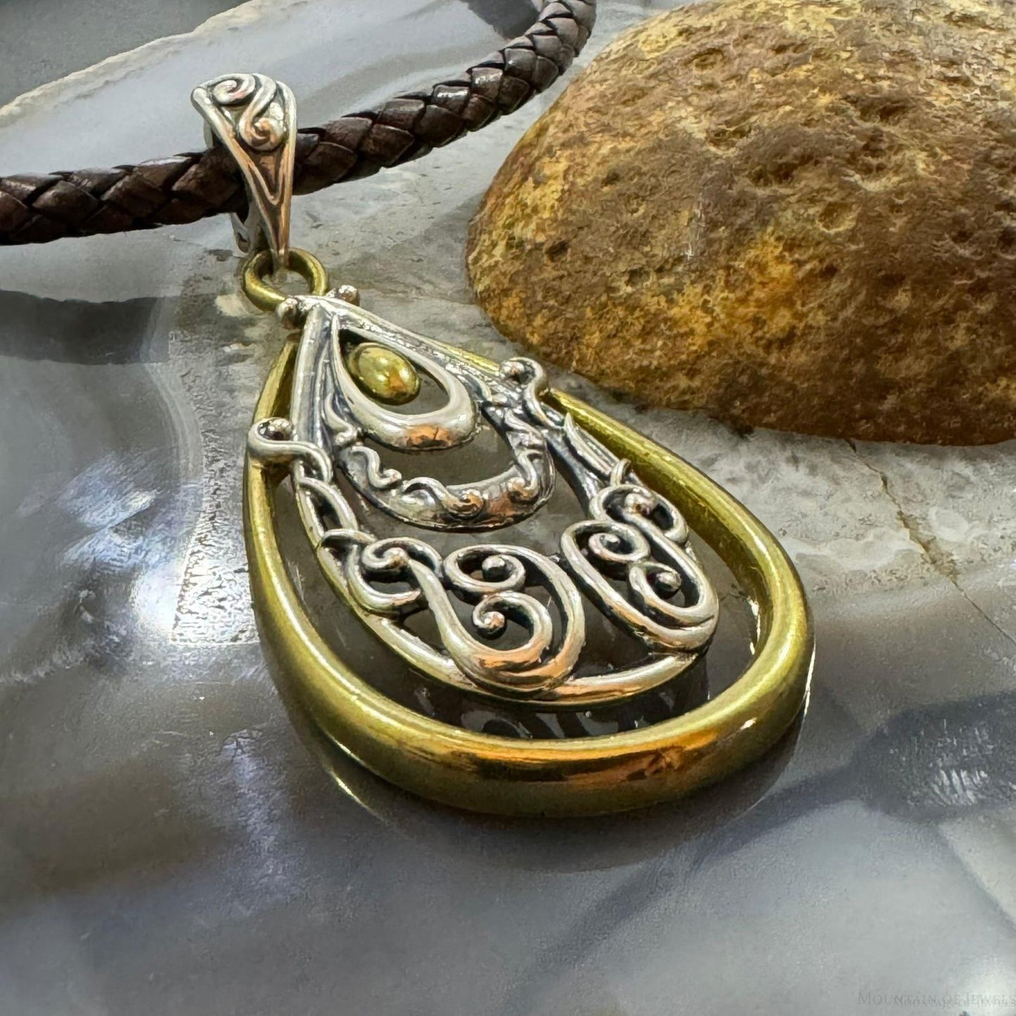 Carolyn Pollack Sterling Silver & Brass Decorated Teardrop Enhancer Pendant For Women