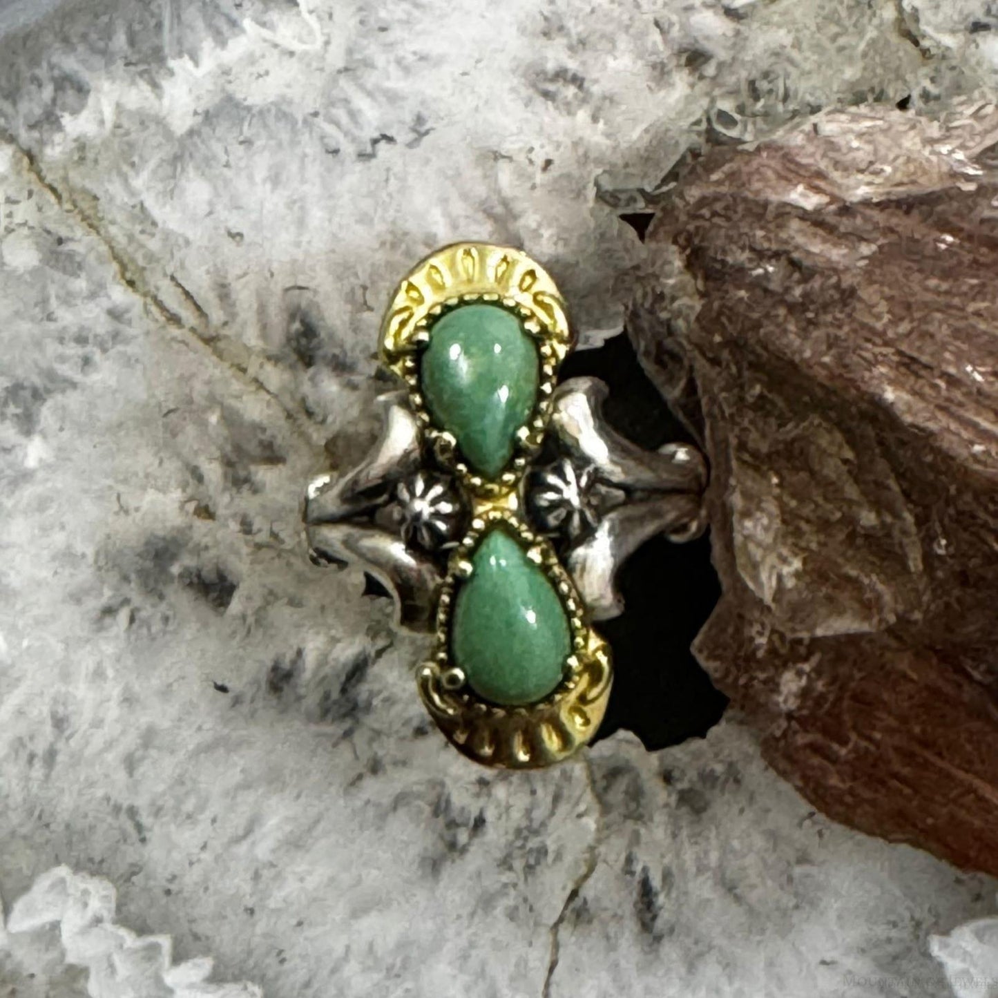 Carolyn Pollack Sterling Silver & Brass 2 Green Turquoise Decorated Ring For Women