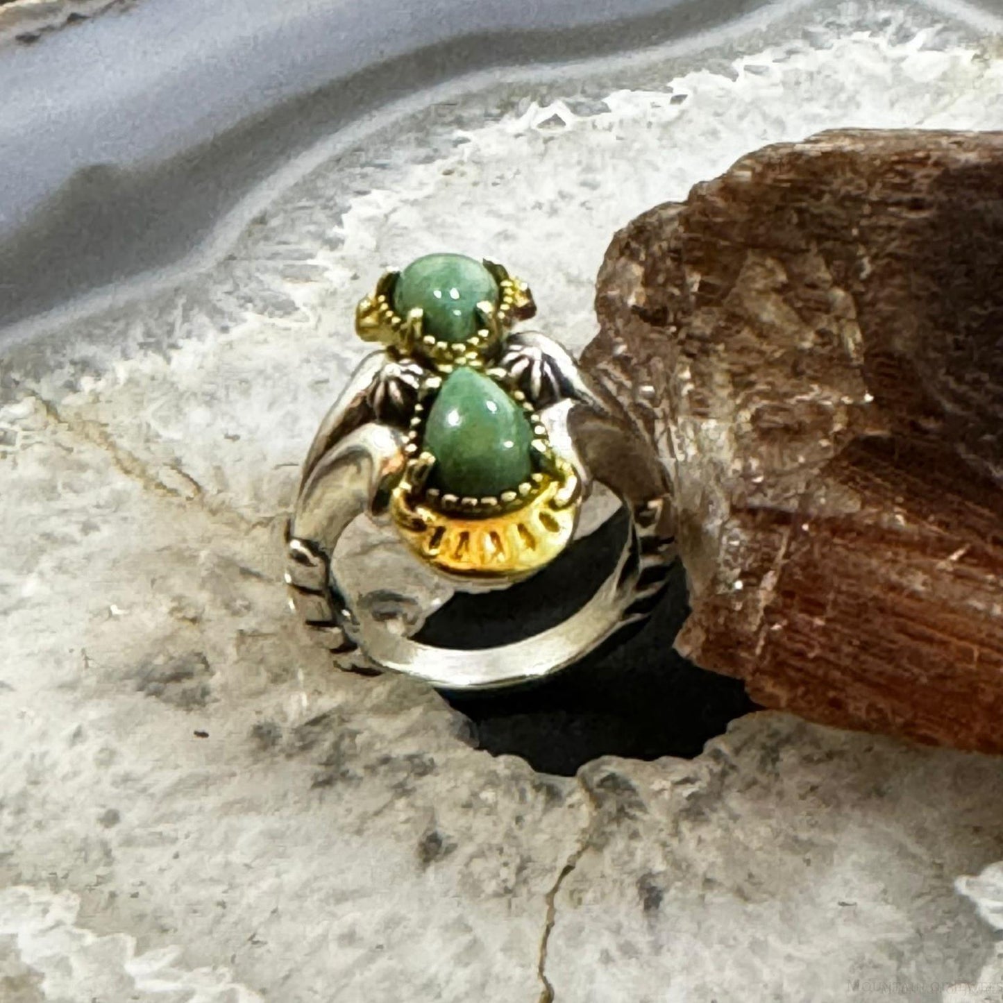 Carolyn Pollack Sterling Silver & Brass 2 Green Turquoise Decorated Ring For Women