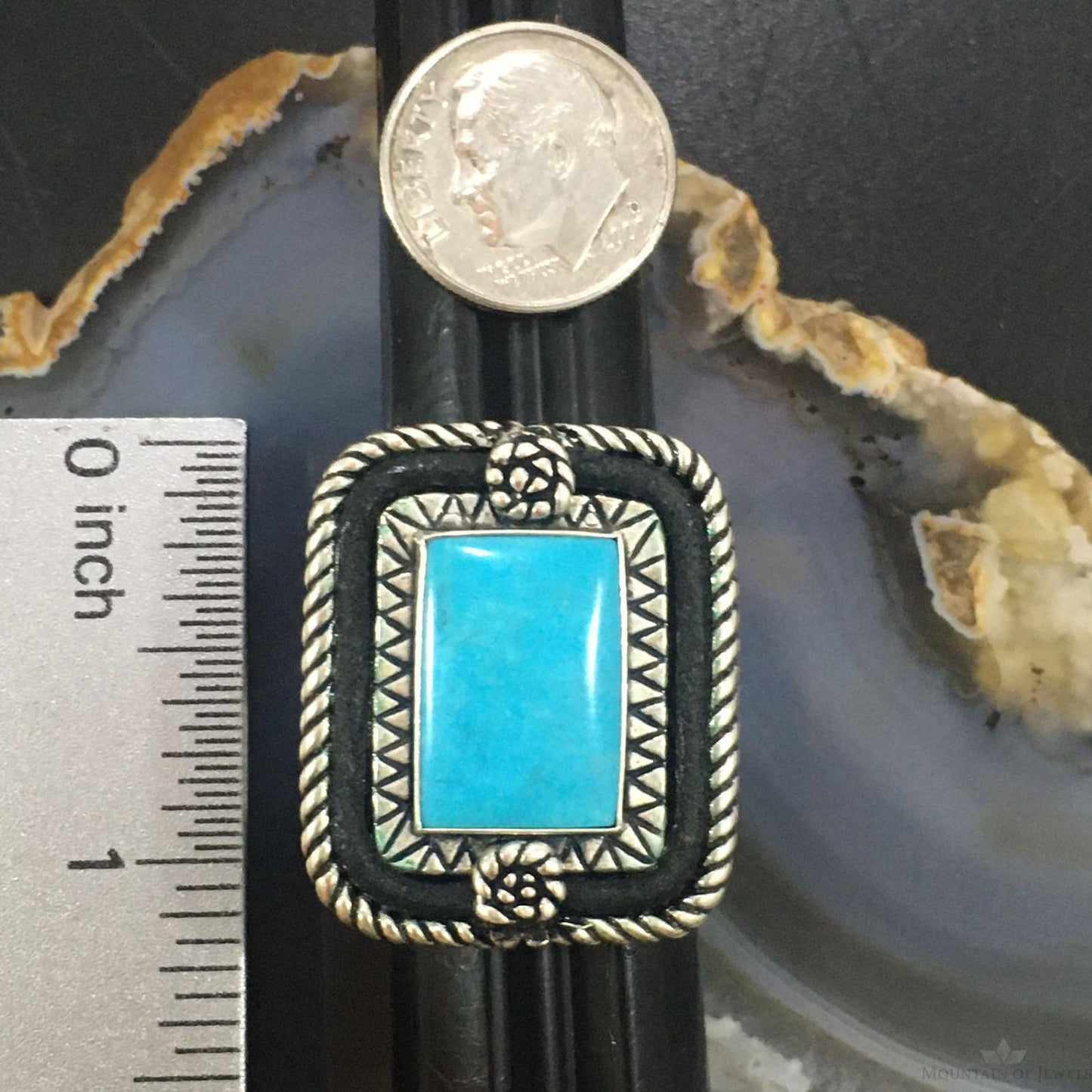 Carolyn Pollack Southwestern Style Sterling Silver Rectangle Turquoise Decorated Ring Size 8 For Women