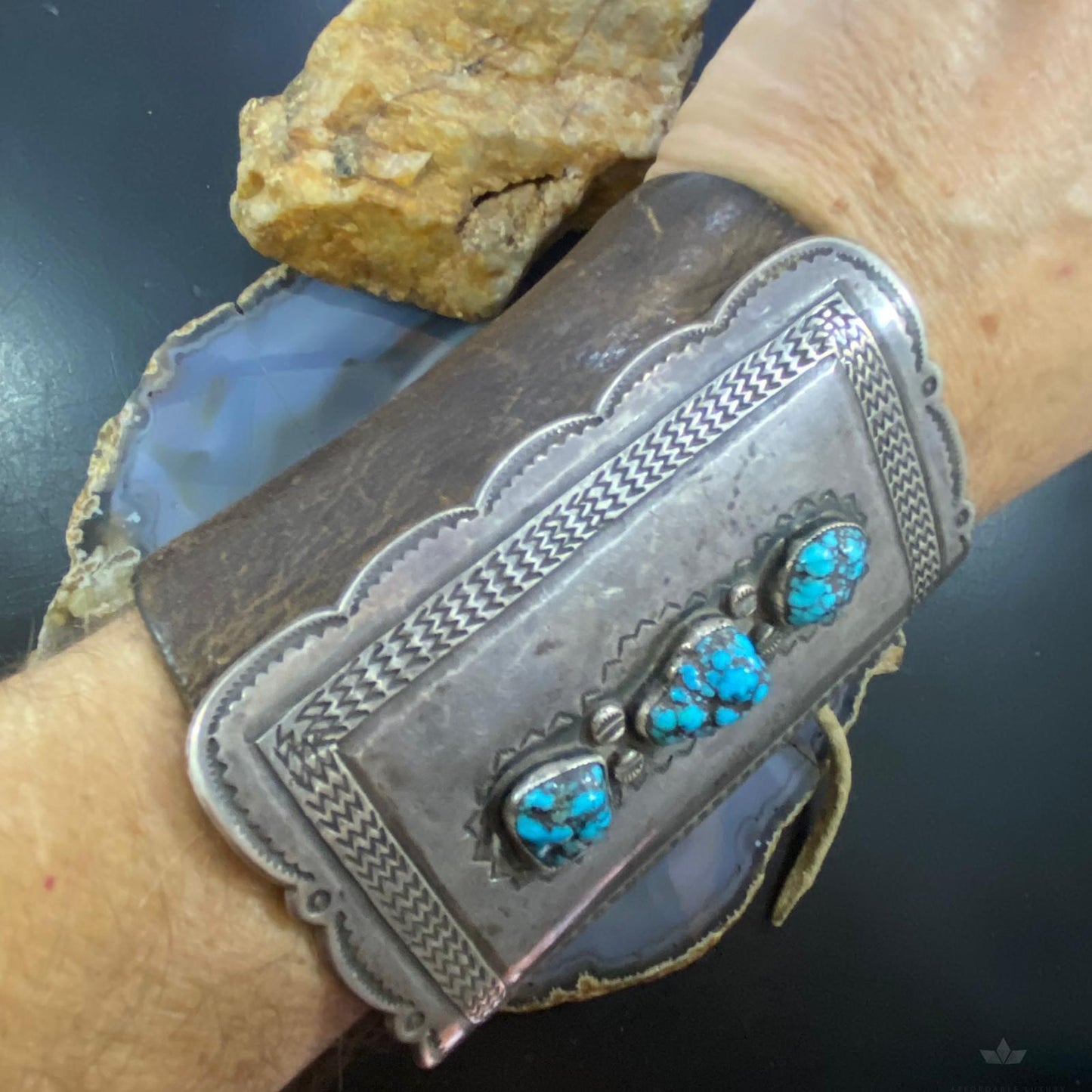 Antique Native American Silver, Leather & 3 Kingman Turquoise Ketoh Bow Guard