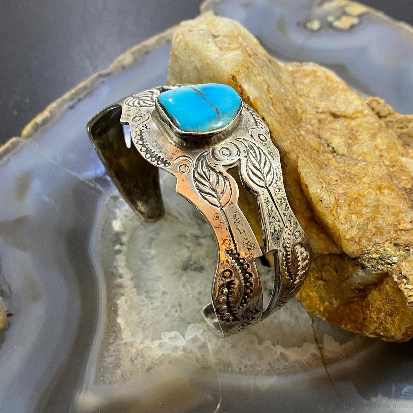 Vintage Native American Sterling Silver Turquoise Stamped Bracelet For Women