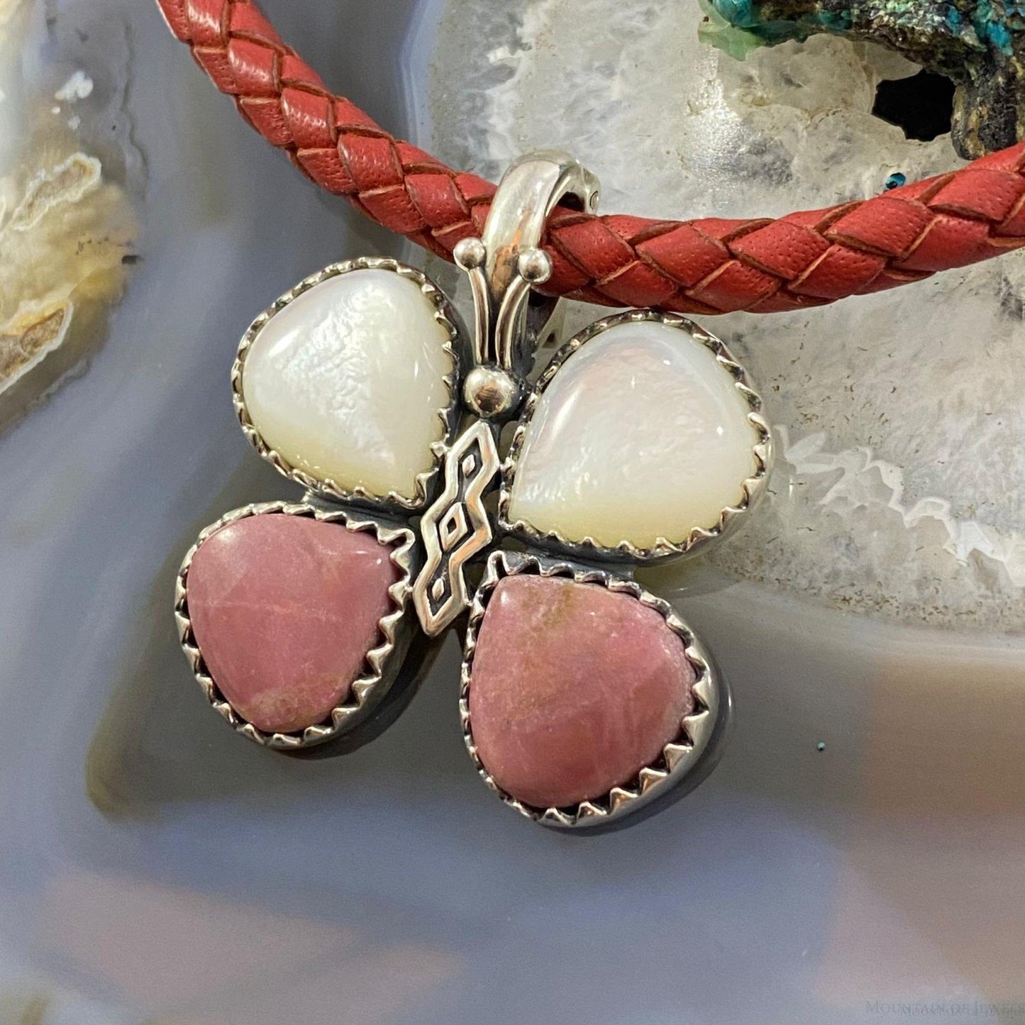Carolyn Pollack Southwestern Style Sterling Silver Mother of Pearl & Rhodonite Pendant For Women