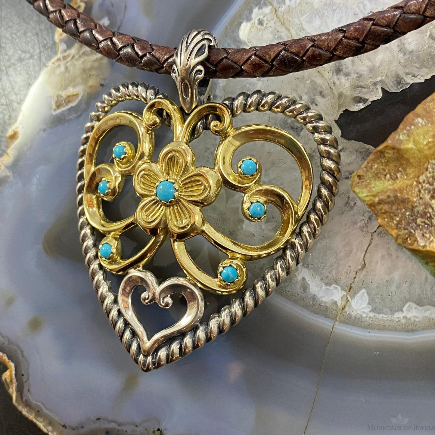 Carolyn Pollack Southwestern Style Sterling Silver & Brass Turquoise Heart Pendant For Women