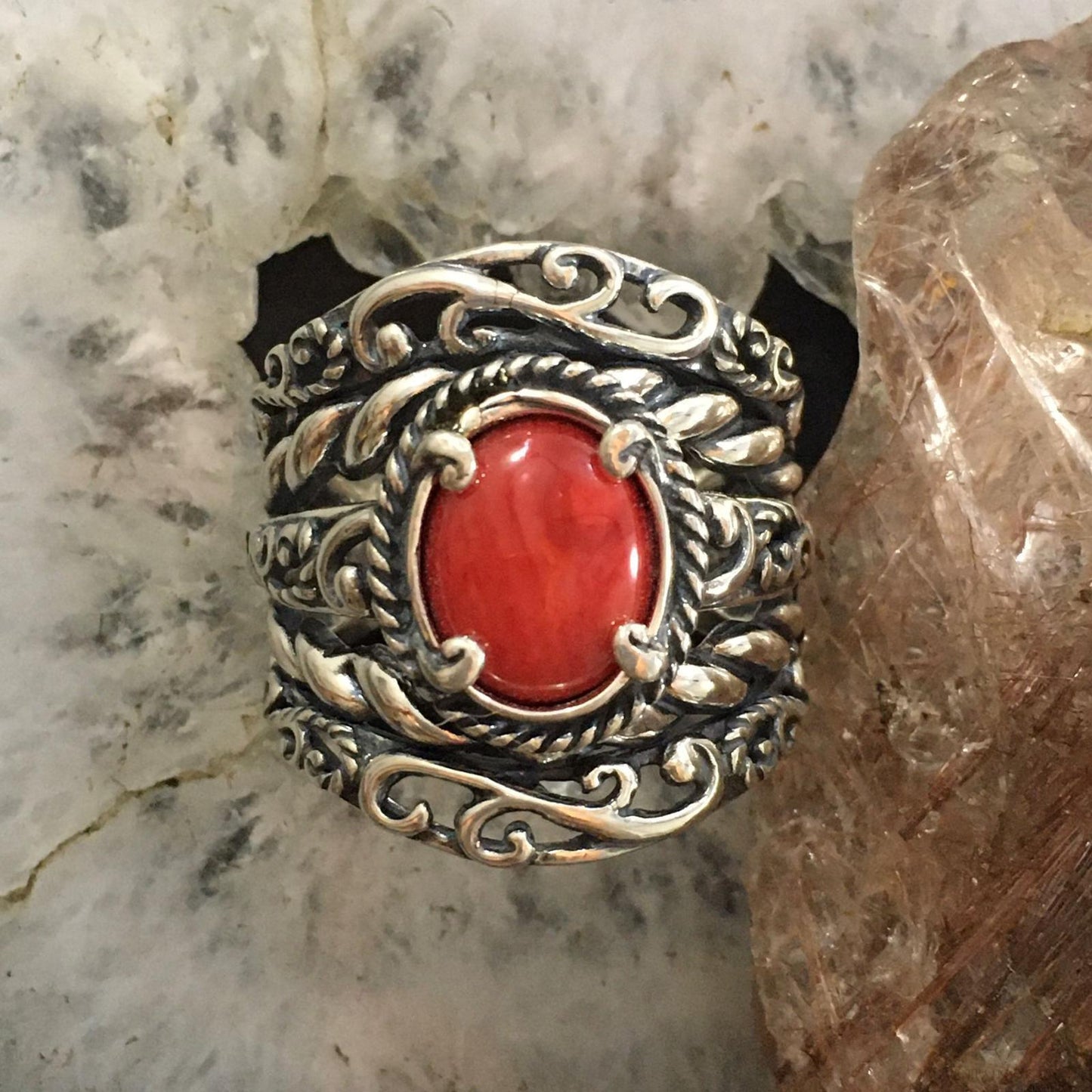 Carolyn Pollack Southwestern Style Sterling Silver Red Jasper Decorated Ring Size 10 For Women