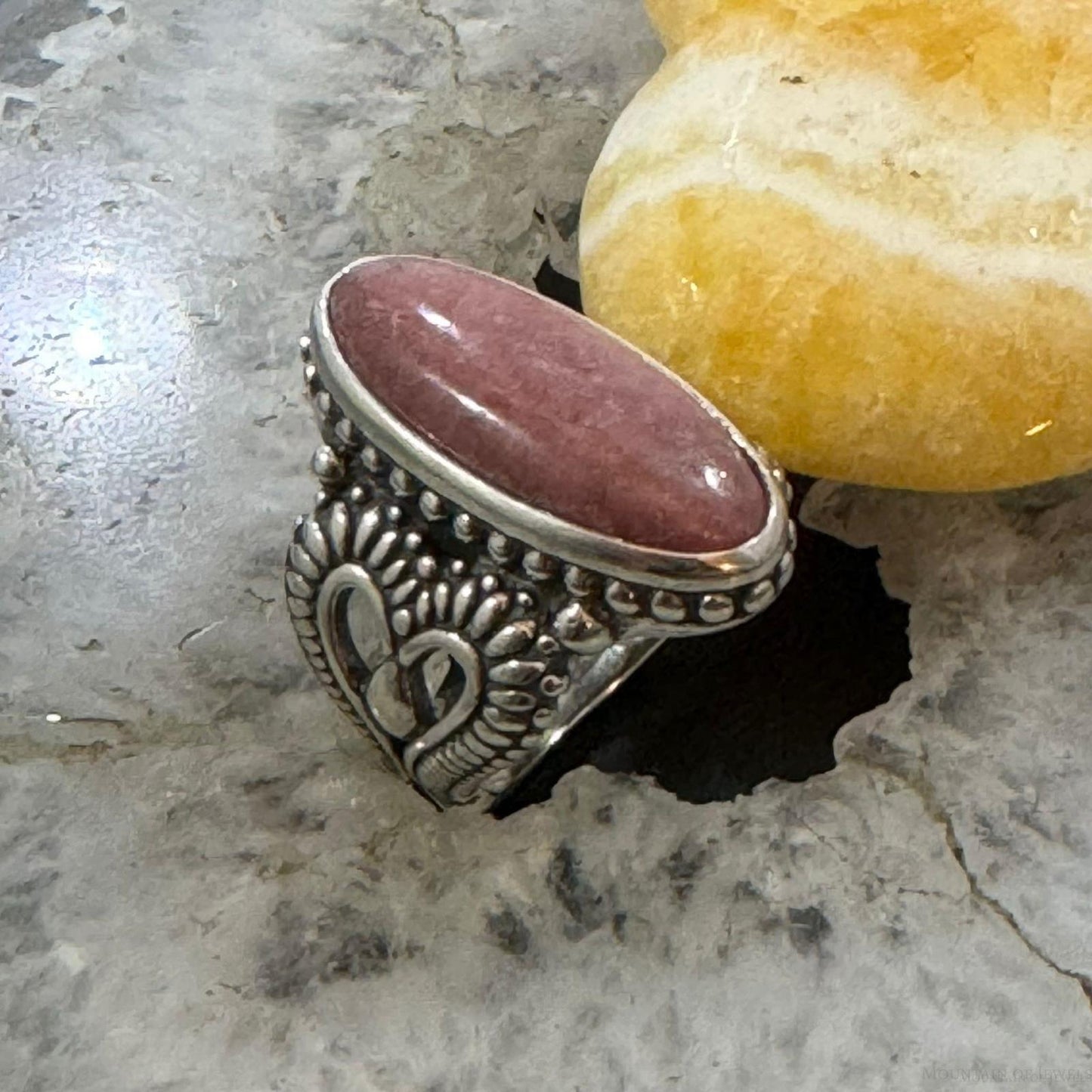 Carolyn Pollack Sterling Silver Elongated Oval Rhodochrosite Decorated Hearts Ring For Women