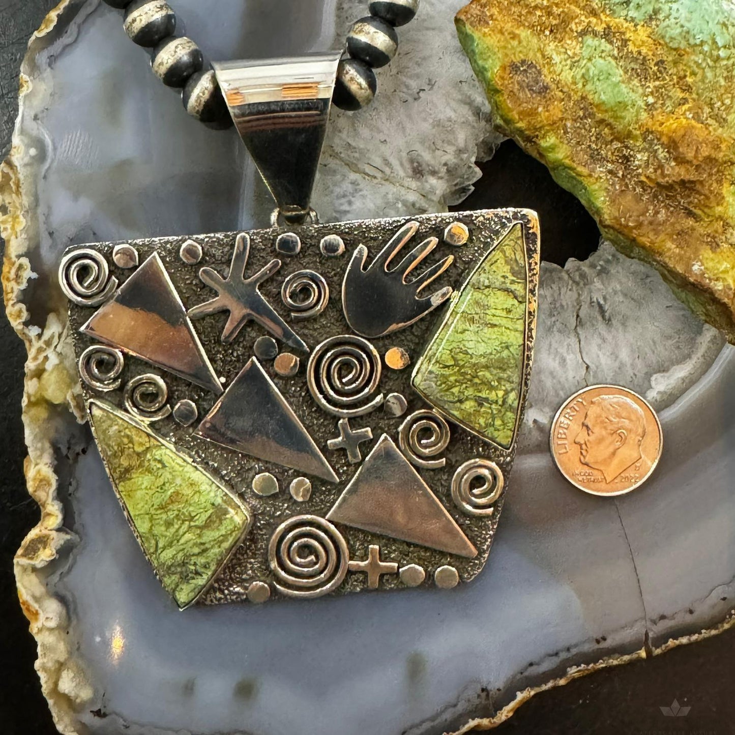 Alex Sanchez Native American Sterling Silver Green Sediment Jasper Rectangle Petroglyph Unisex Pendant