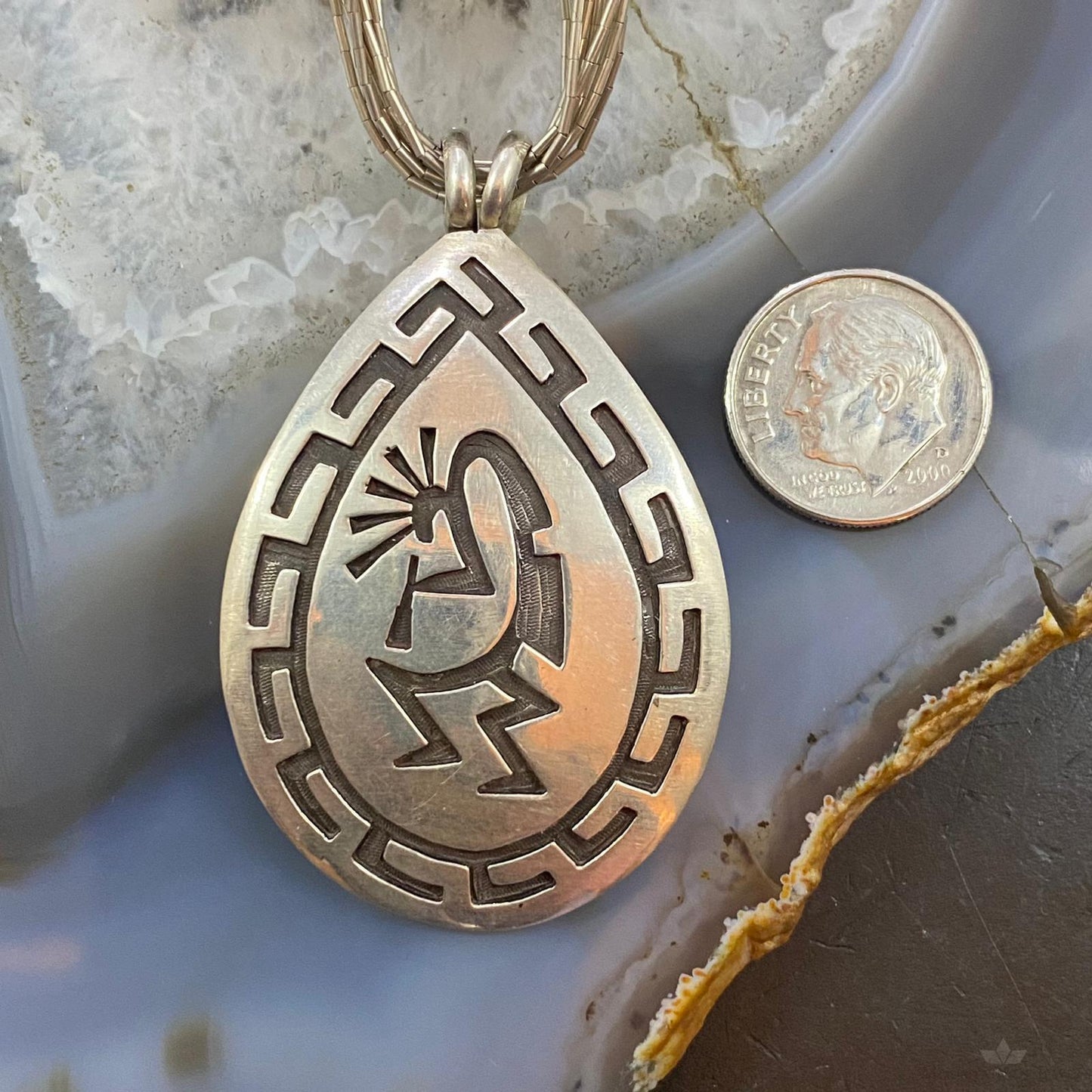 Vintage Native American Sterling Silver Hopi Kokopelli Pendant w/Liquid Silver Necklace