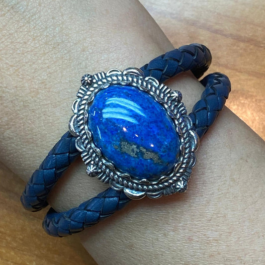 Carolyn Pollack Sterling Silver Denim Lapis Navy Braided Leather Bracelet For Women