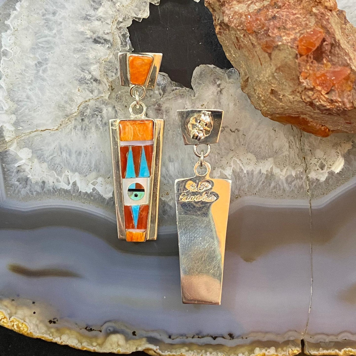 Raylan & Patty Edaakie Zuni Sterling Silver Multi Stone Inlay Dangle Earrings For Women #1