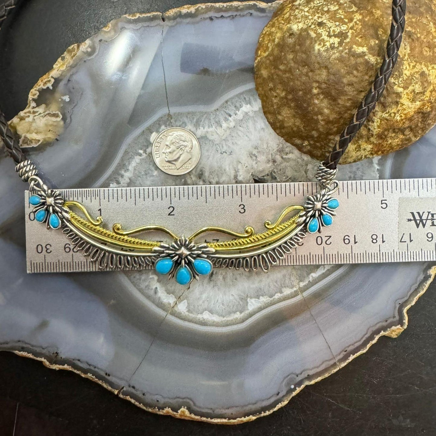 Carolyn Pollack Sterling Silver & Brass 9 Turquoise Brown Braided Leather Necklace