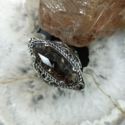 Carolyn Pollack Sterling Silver Elongated Oval Faceted Smoky Quartz Ring Size 5.25 For Women