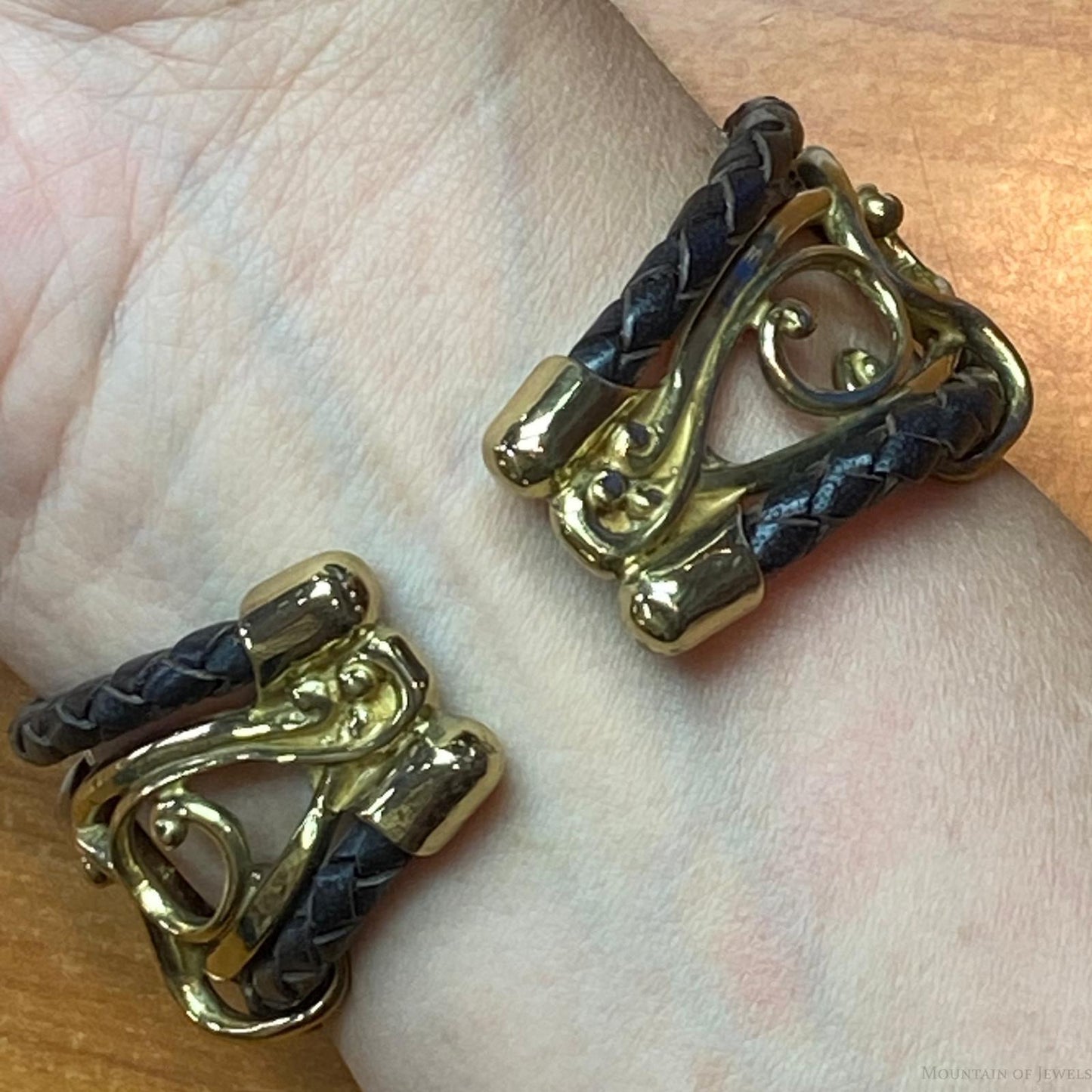 Carolyn Pollack Sterling Silver & Brass Decorated Braided Leather Bracelet For Women